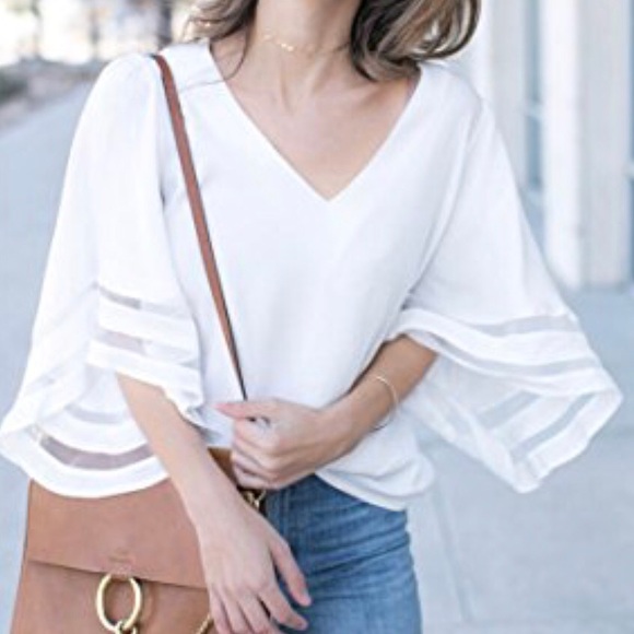 NWT V Neck Mesh Blouse 3/4 Bell Sleeve Loose Top - Picture 5 of 8